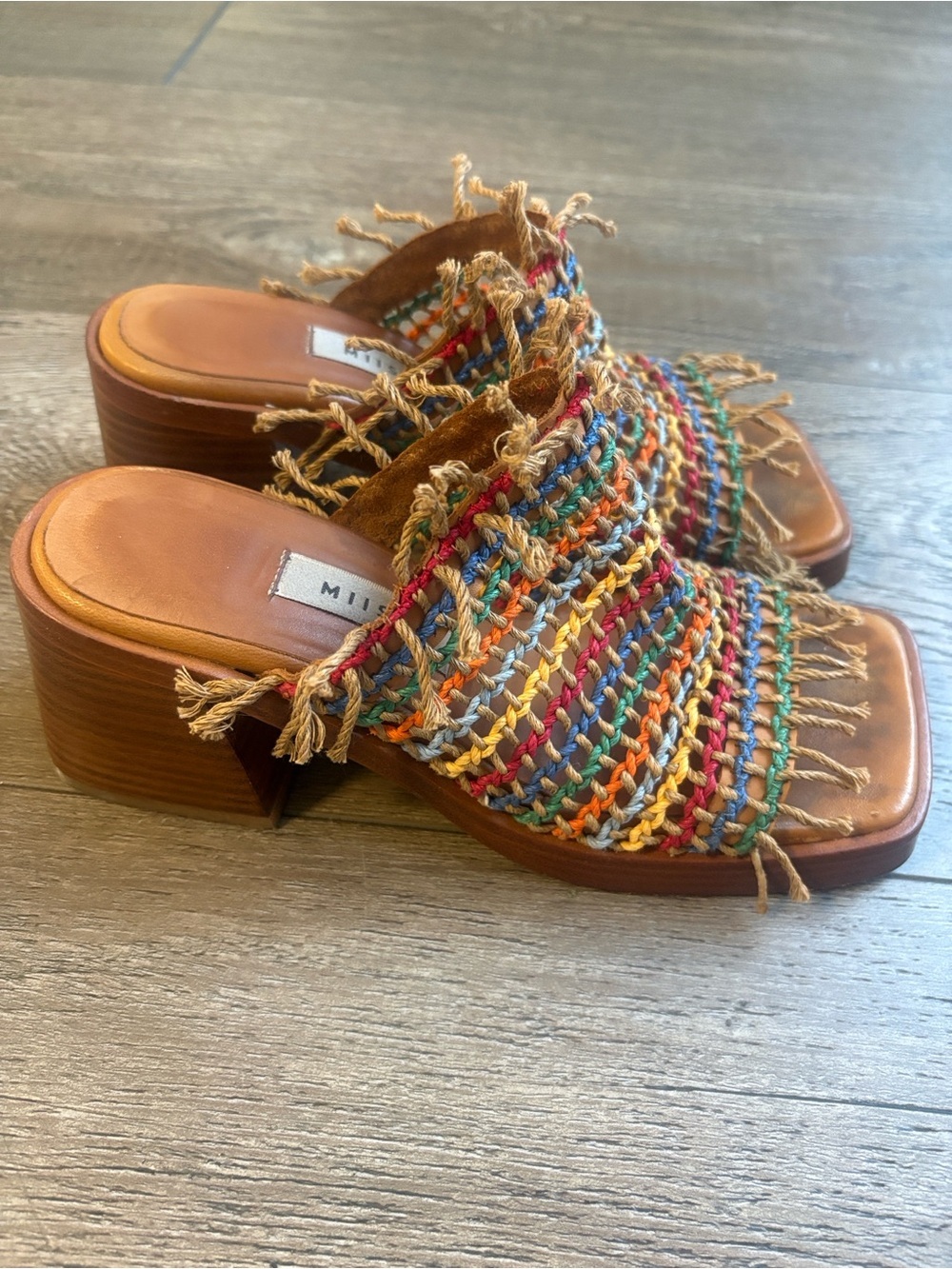 Miista Shannon Block Heel Slide Mule Sandal w Multicolor Braided Fabric EUR 36